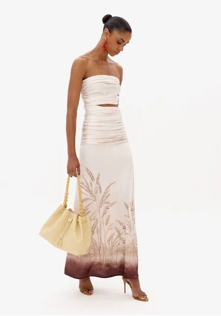 VESTIDO SEM ALCAS LONGO COM ESTAMPA LANÇA PERFUME VESTIDO SEM ALCAS LONGO COM ESTAMPA LANÇA PERFUME