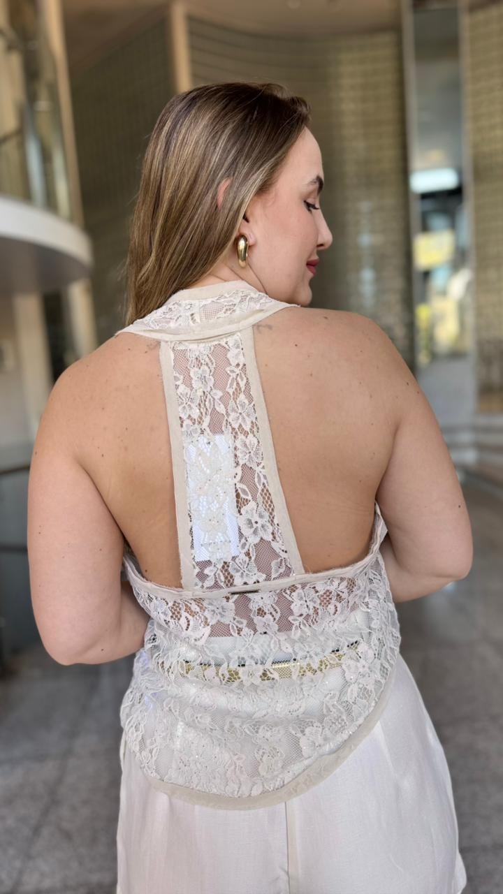 BLUSA DECOTE V CAVA FRANCESA DETALHE RENDA MORENA ROSA