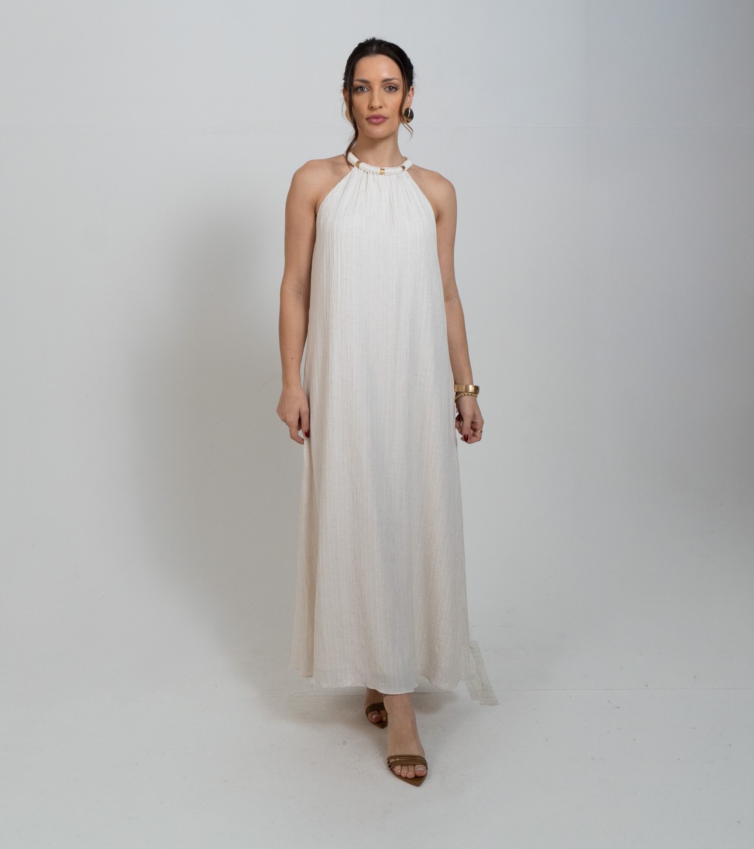 VESTIDO SOLTO DECOTE V COM ALCA MIDI BEGE MORENA ROSA VESTIDO SOLTO DECOTE V COM ALCA MIDI BEGE MORENA ROSA