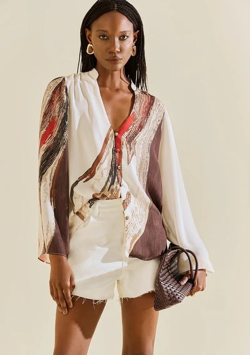 CAMISA SOLTA DECOTE V MANGA PADRAO MORENA ROSA