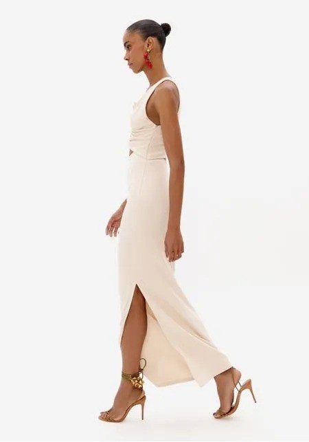 VESTIDO LONGO COM FENDA BEGE LANÇA PERFUME VESTIDO LONGO COM FENDA BEGE LANÇA PERFUME