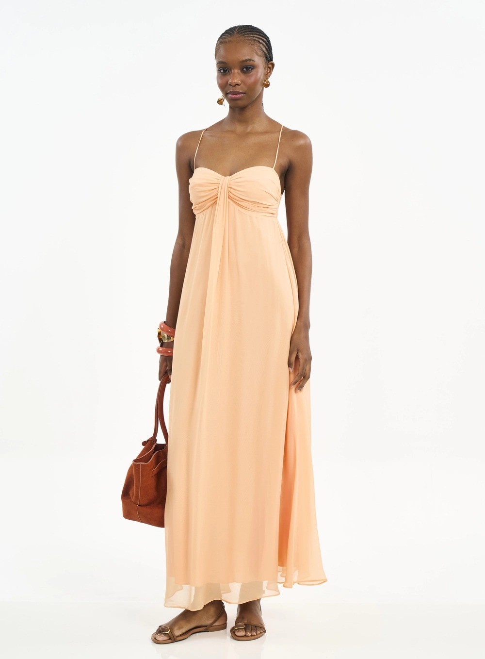 VESTIDO LONGO FLUIDO COM FRANZIDO LARANJA CORAL SANDS COLCCI VESTIDO LONGO FLUIDO COM FRANZIDO LARANJA CORAL SANDS COLCCI