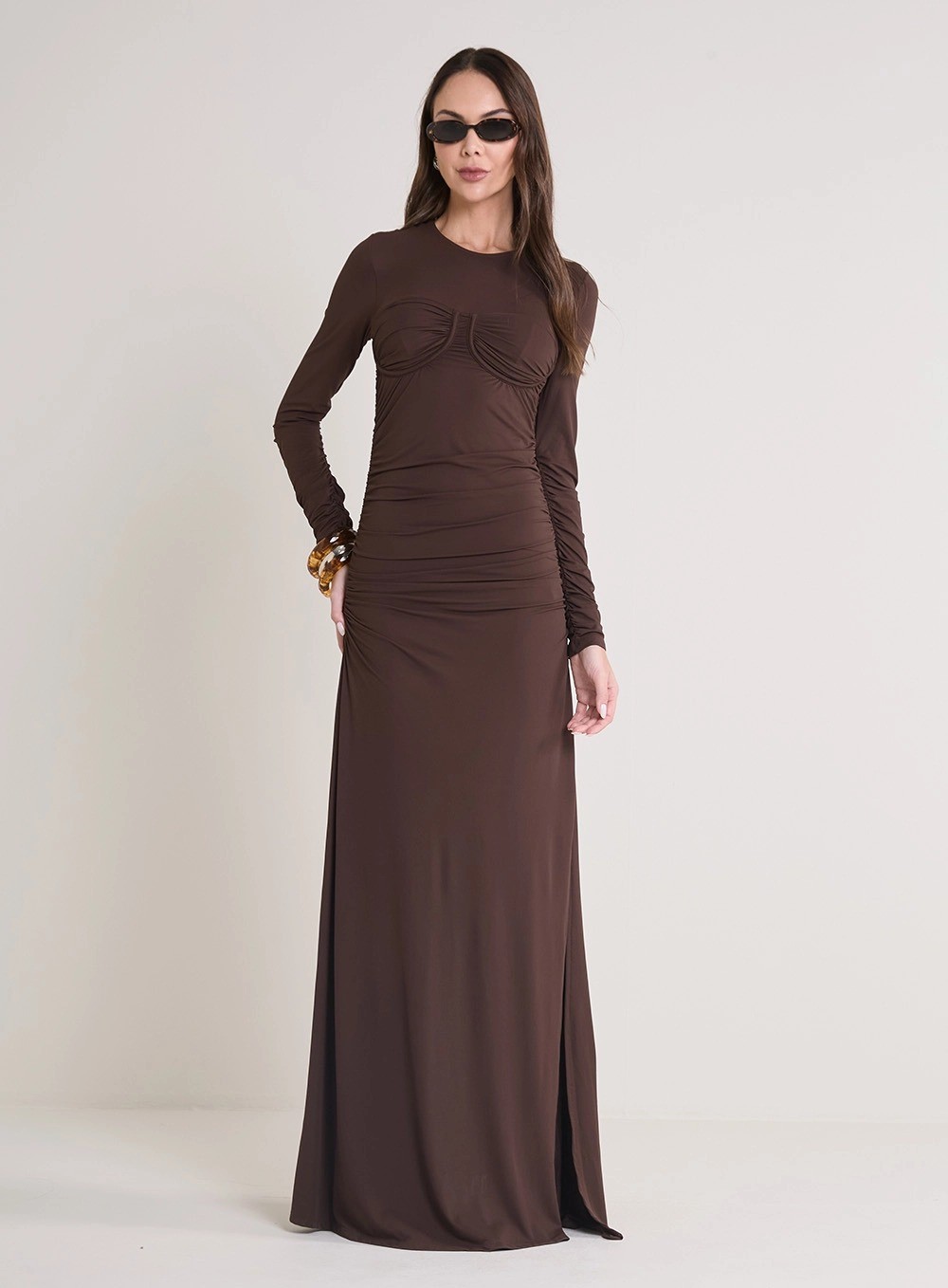 VESTIDO LONGO MARROM NOBUCK FRANZIDO FORUM