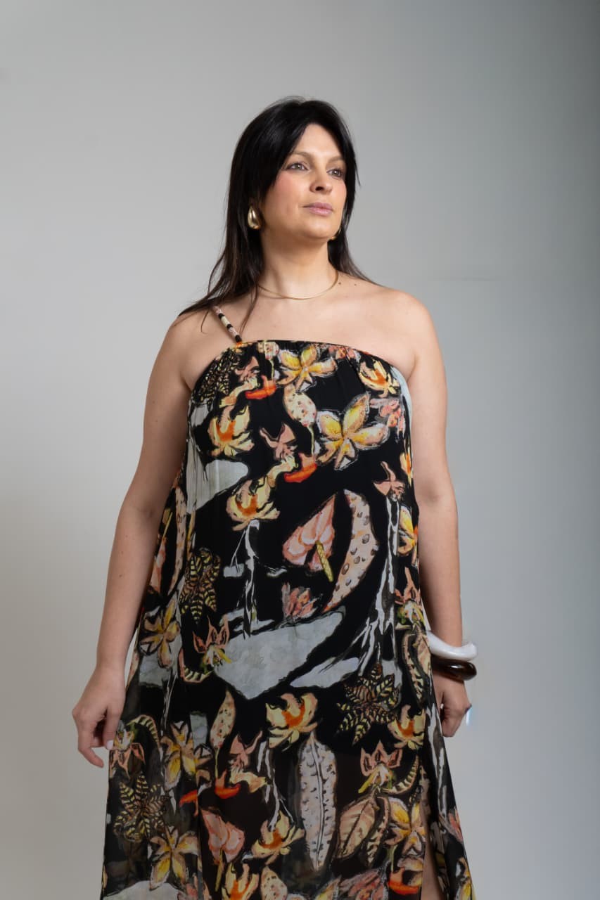 VESTIDO MIDI OMBRO FOLHAGEM MATA ANIMALE VESTIDO MIDI OMBRO FOLHAGEM MATA ANIMALE