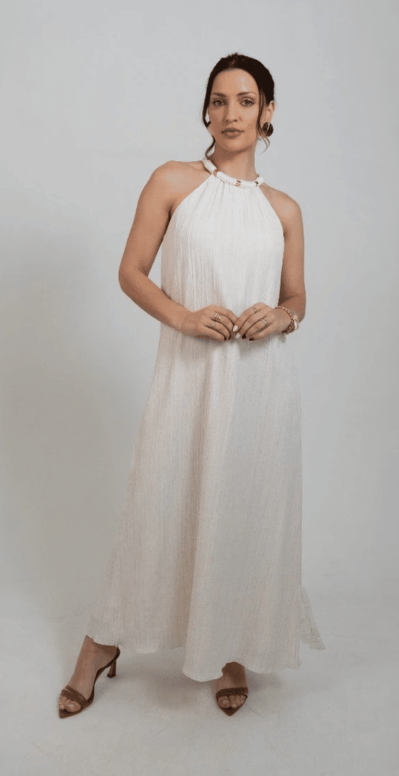 VESTIDO SOLTO DECOTE V COM ALCA MIDI BEGE MORENA ROSA VESTIDO SOLTO DECOTE V COM ALCA MIDI BEGE MORENA ROSA