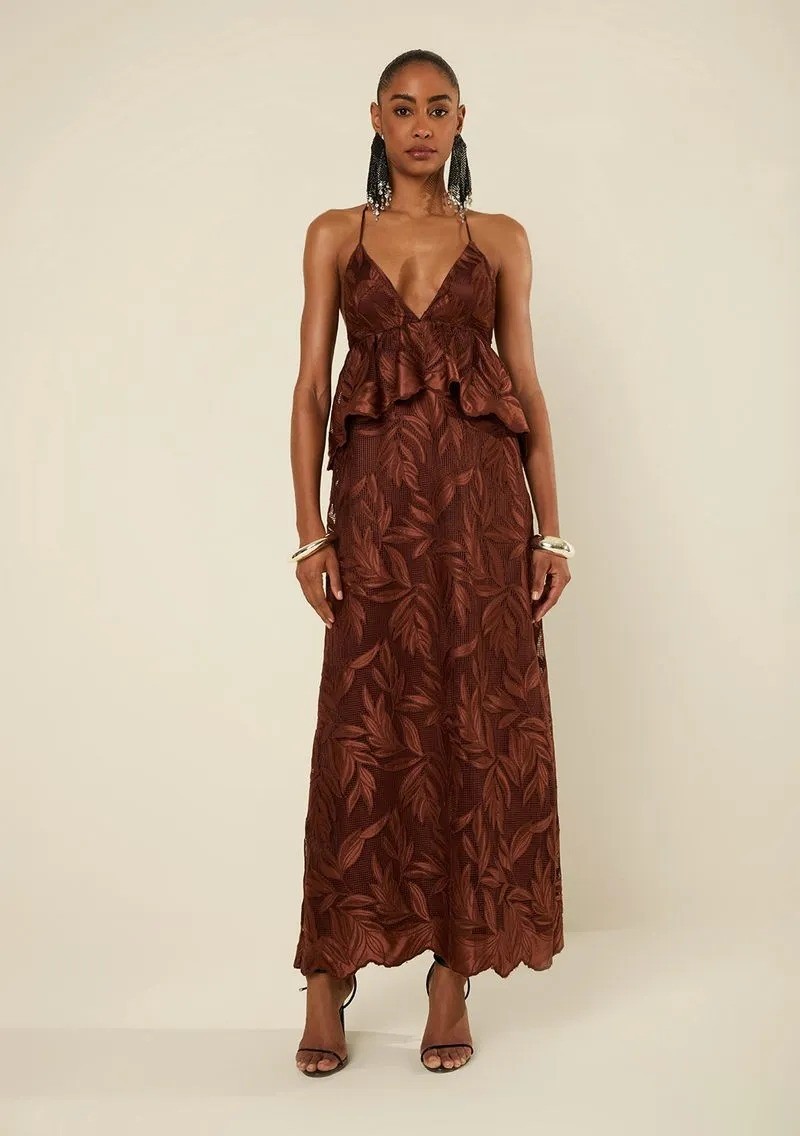 VESTIDO SOLTO DECOTE V COM ALCA LONGO MARROM MORENA ROSA VESTIDO SOLTO DECOTE V COM ALCA LONGO MARROM MORENA ROSA