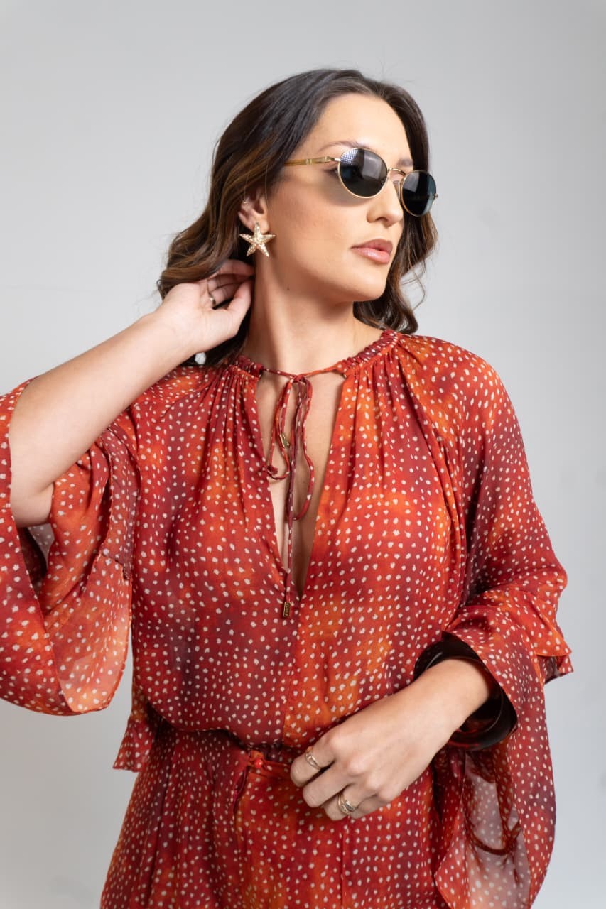 BATA BABADOS TALITA DE GEORGETTE VERMELHA ANIMALE BATA BABADOS TALITA DE GEORGETTE VERMELHA ANIMALE