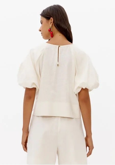 BLUSA MANGA BALONE COM LINHO BRANCO LANÇA PERFUME BLUSA MANGA BALONE COM LINHO BRANCO LANÇA PERFUME