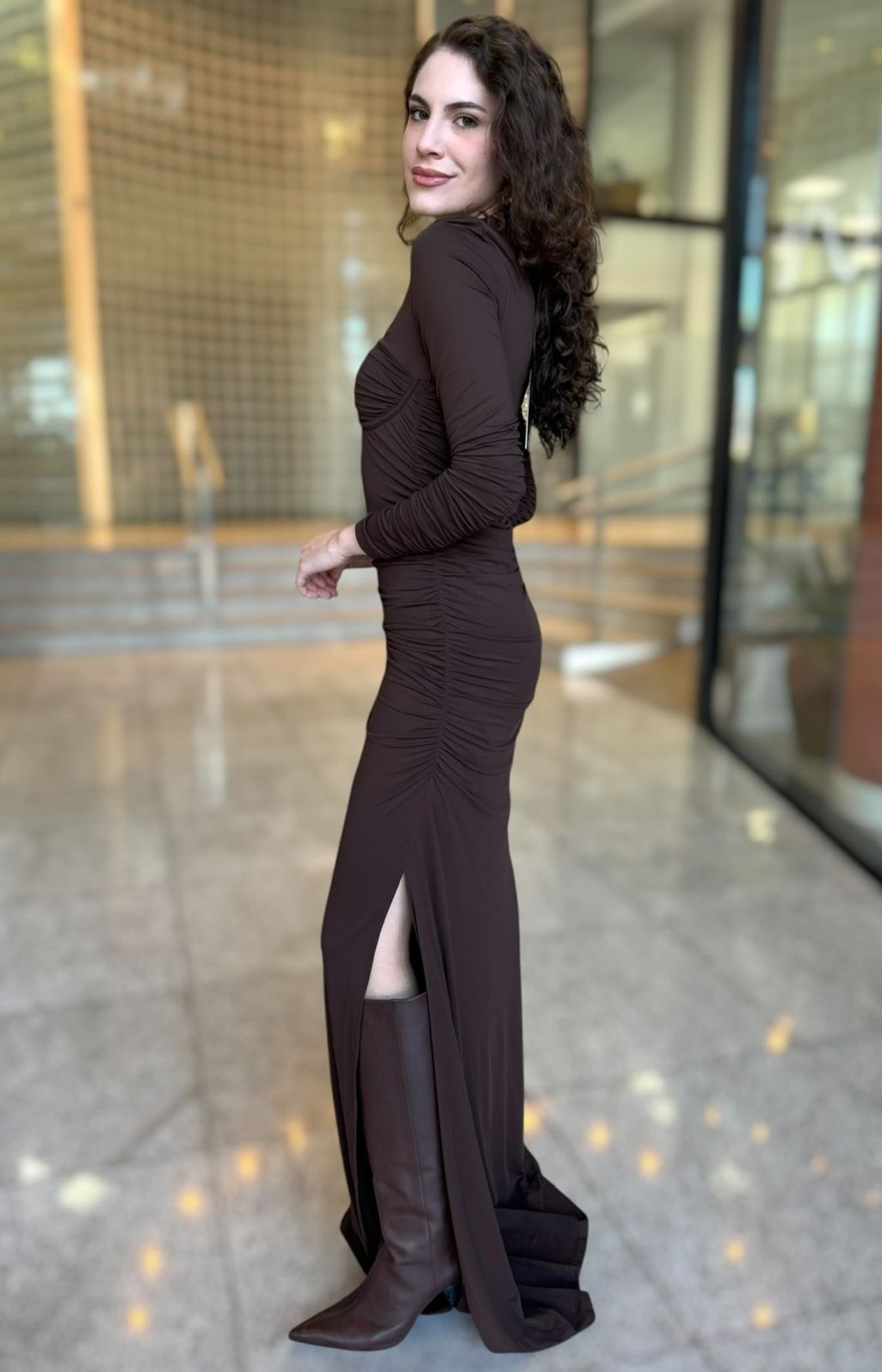 VESTIDO LONGO MARROM NOBUCK FRANZIDO FORUM