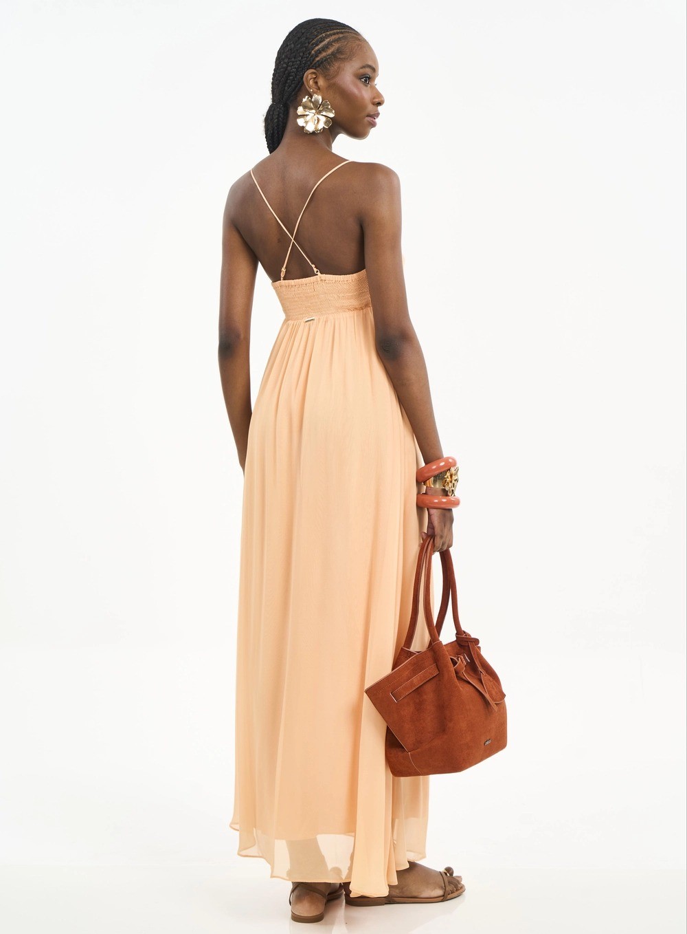 VESTIDO LONGO FLUIDO COM FRANZIDO LARANJA CORAL SANDS COLCCI VESTIDO LONGO FLUIDO COM FRANZIDO LARANJA CORAL SANDS COLCCI