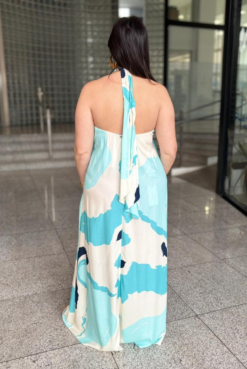 VESTIDO LONGO FRENTE UNICA ESTAMPADO AZUL LANÇA PERFUME VESTIDO LONGO FRENTE UNICA ESTAMPADO AZUL LANÇA PERFUME