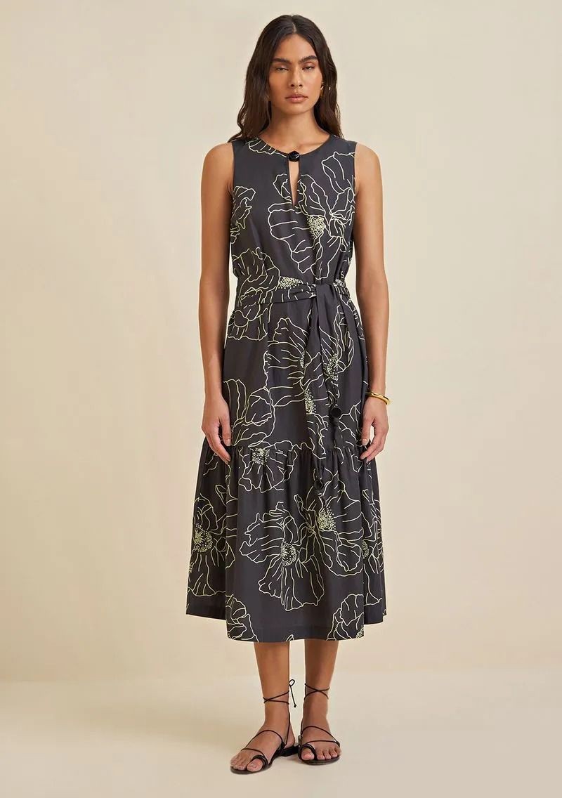 VESTIDO MIDI DECOTE V COM BOTAO AZUL MORENA ROSA