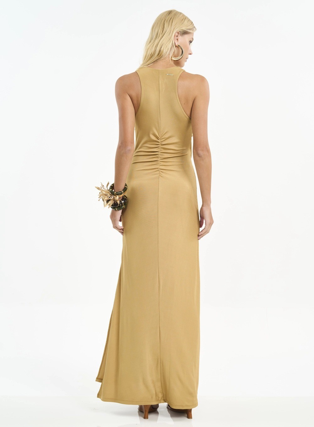 VESTIDO LONGO DECOTE V E FENDA BEGE SOYBEAN COLCCI VESTIDO LONGO DECOTE V E FENDA BEGE SOYBEAN COLCCI