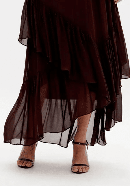 VESTIDO LONGO DE CHIFFON MARROM LANÇA PERFUME VESTIDO LONGO DE CHIFFON MARROM LANÇA PERFUME