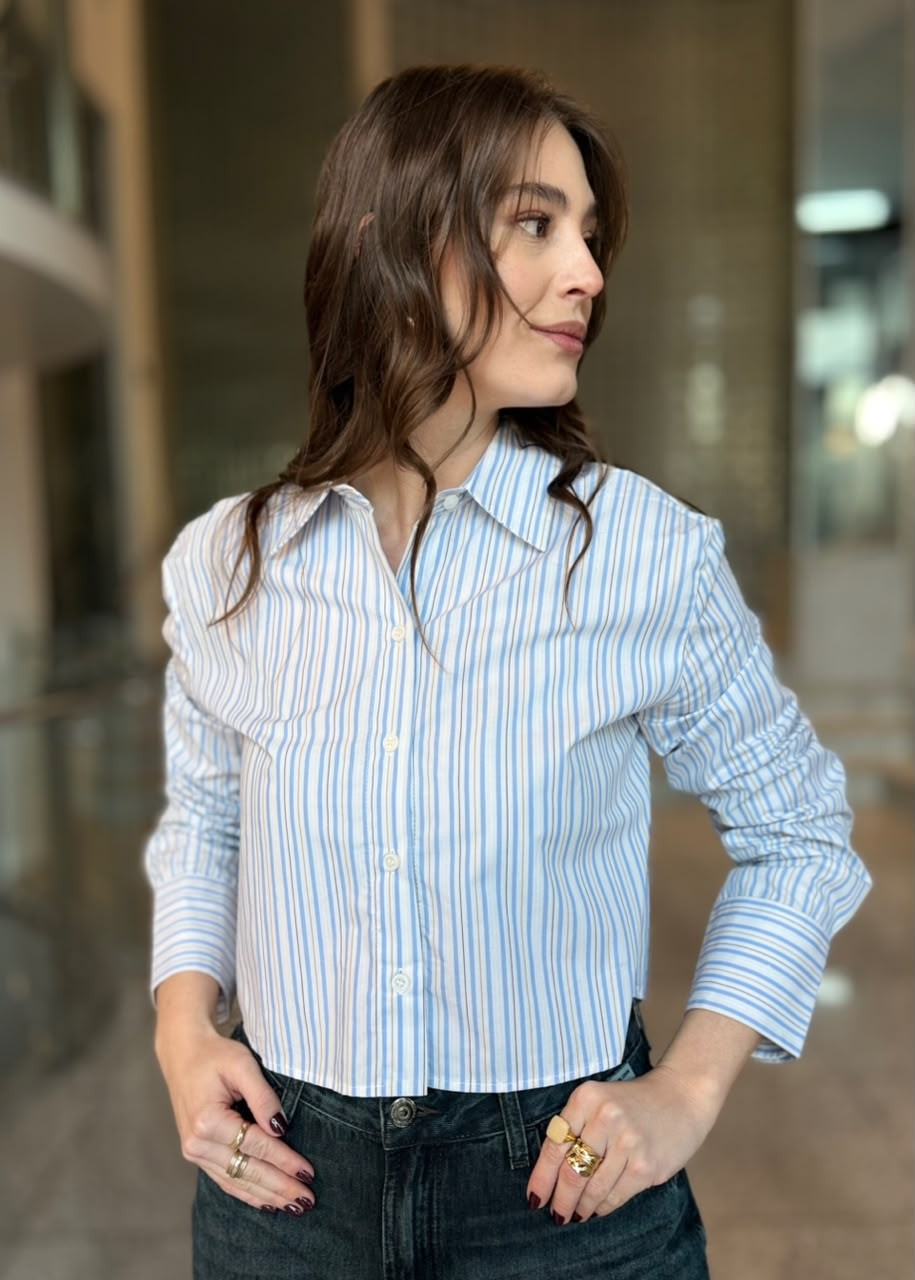 CAMISA CROPPED LISTRA AZUL E BEGE ANIMALE