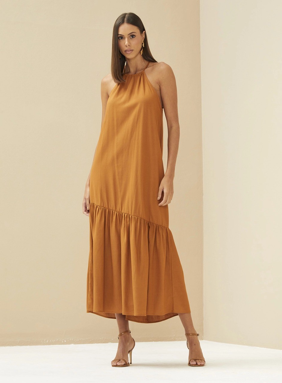 VESTIDO MIDI SOLTO EM LINHO MARROM ESPECIARIAS FORUM