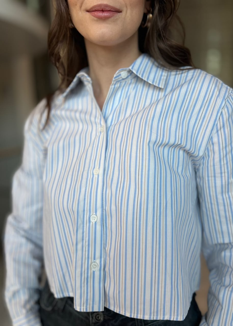 CAMISA CROPPED LISTRA AZUL E BEGE ANIMALE