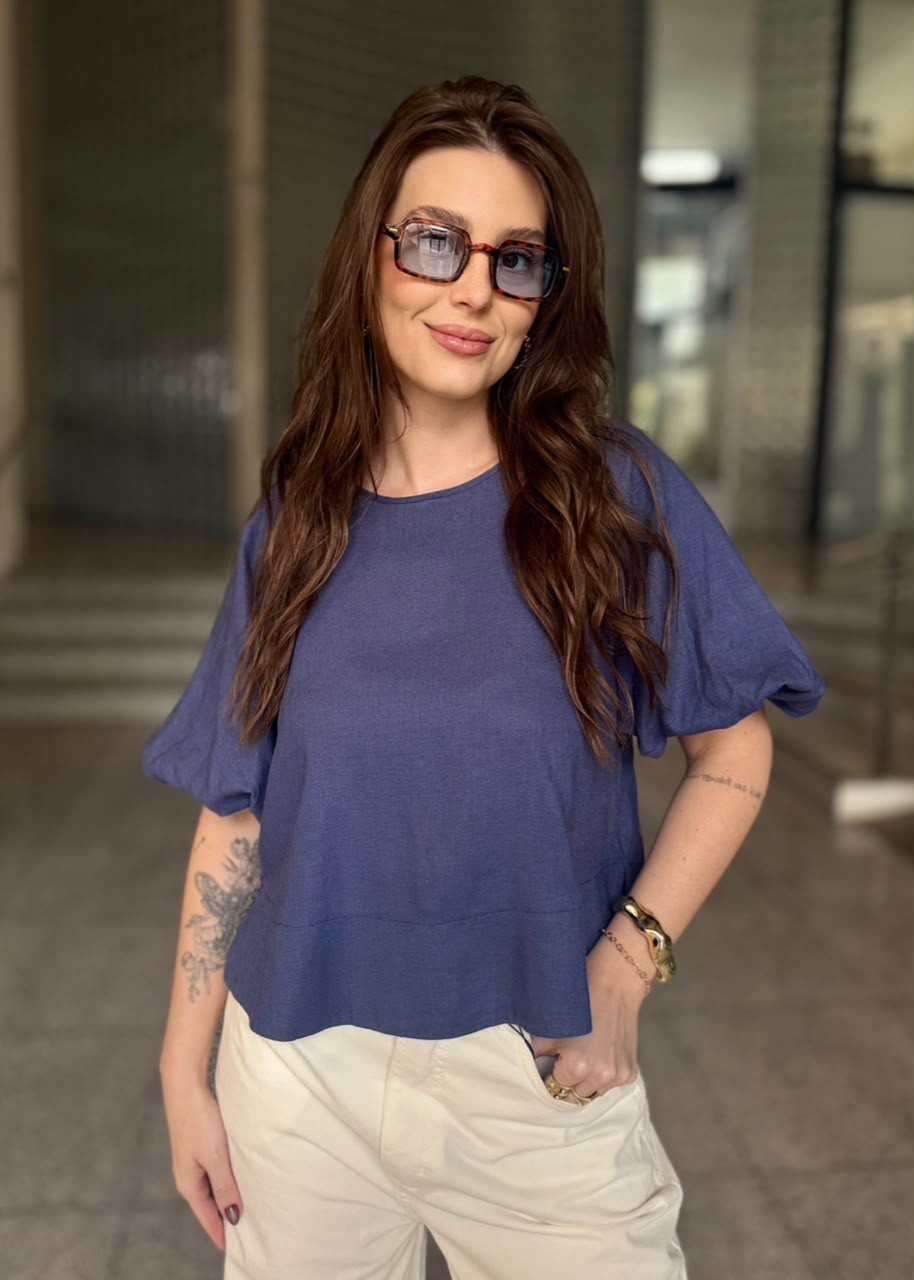 BLUSA MANGA BALONE COM LINHO AZUL LANÇA PERFUME BLUSA MANGA BALONE COM LINHO AZUL LANÇA PERFUME