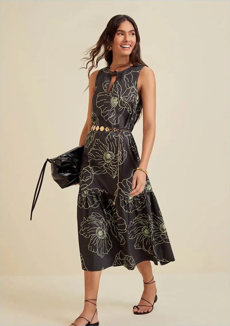 VESTIDO MIDI DECOTE V COM BOTAO AZUL MORENA ROSA