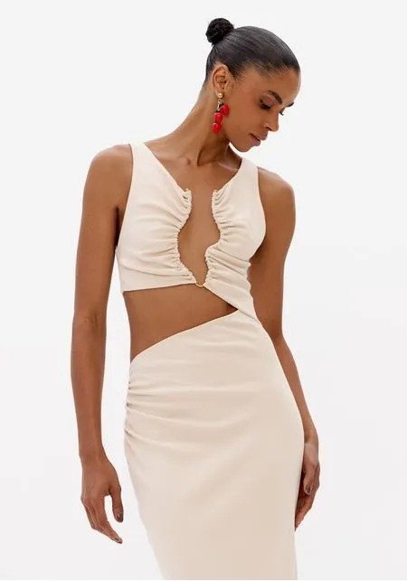 VESTIDO LONGO COM FENDA BEGE LANÇA PERFUME VESTIDO LONGO COM FENDA BEGE LANÇA PERFUME