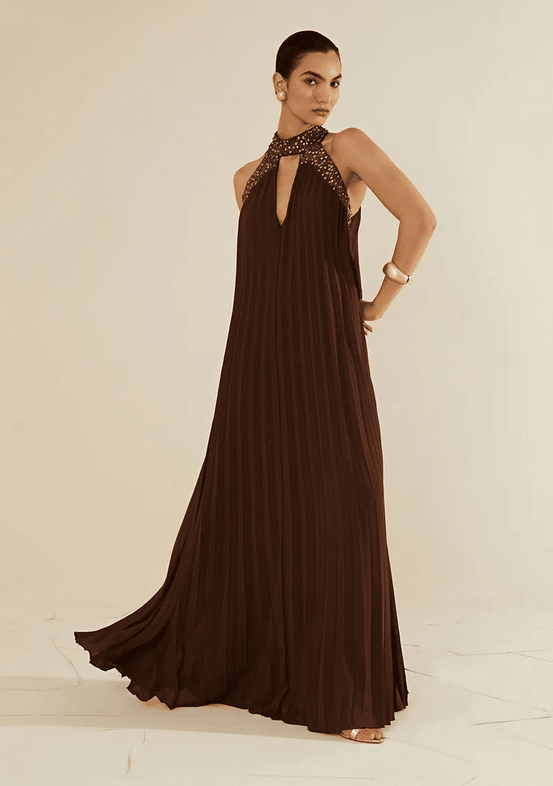 VESTIDO SOLTO GOLA ALTA LONGO MARROM MORENA ROSA