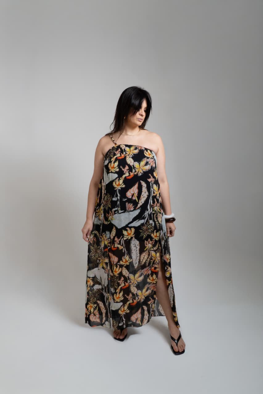 VESTIDO MIDI OMBRO FOLHAGEM MATA ANIMALE VESTIDO MIDI OMBRO FOLHAGEM MATA ANIMALE