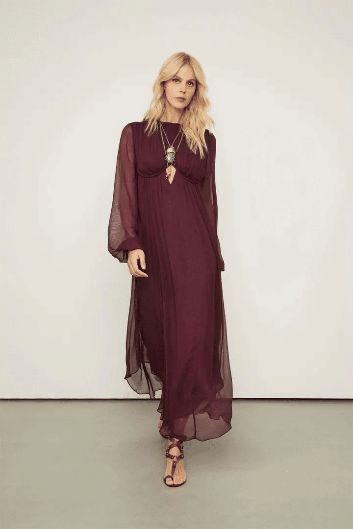 VESTIDO DE CHIFFON MIDI MANGA LONGA DETALHE BUSTO ANIMALE