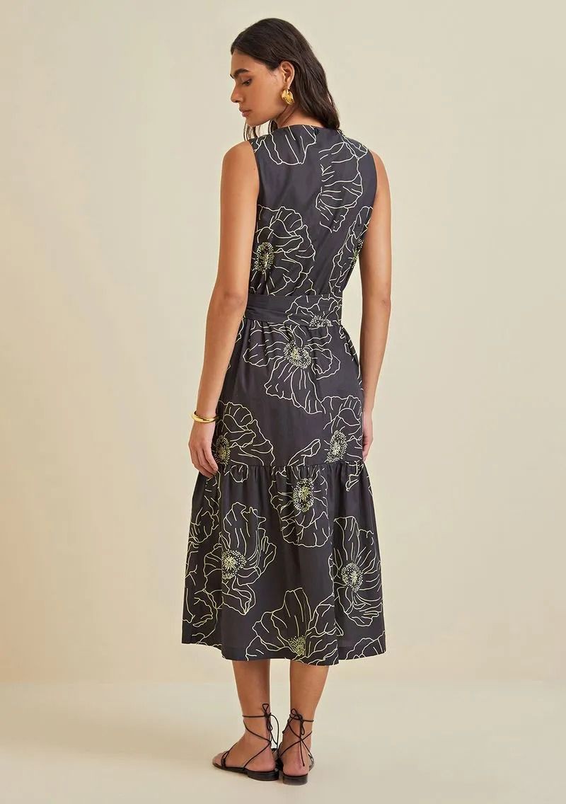 VESTIDO MIDI DECOTE V COM BOTAO AZUL MORENA ROSA