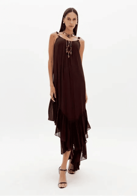 VESTIDO LONGO DE CHIFFON MARROM LANÇA PERFUME VESTIDO LONGO DE CHIFFON MARROM LANÇA PERFUME