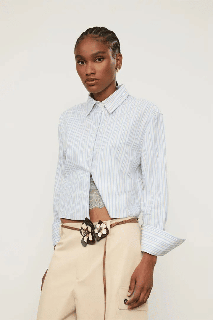CAMISA CROPPED LISTRA AZUL E BEGE ANIMALE