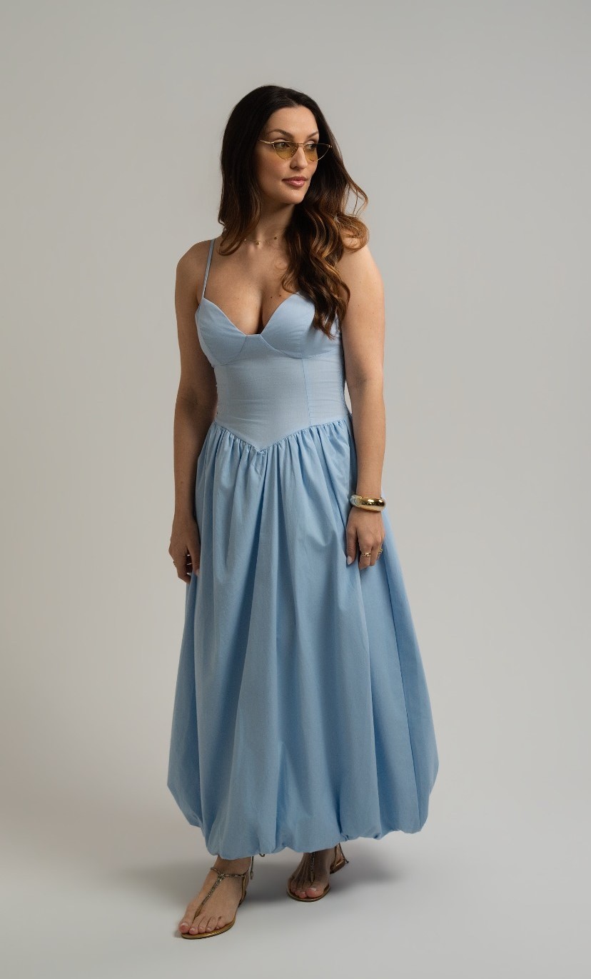 VESTIDO MIDI COM ALÇAS E SAIA BALONÊ AZUL TRANQUIL COLCCI VESTIDO MIDI COM ALÇAS E SAIA BALONÊ AZUL TRANQUIL COLCCI