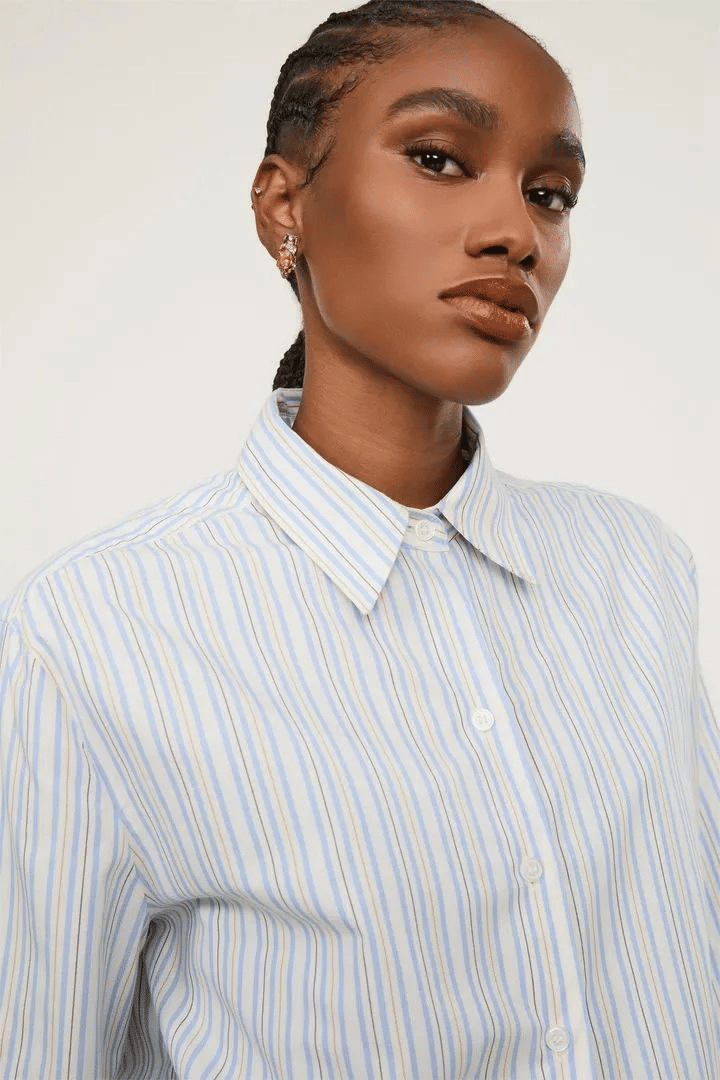 CAMISA CROPPED LISTRA AZUL E BEGE ANIMALE