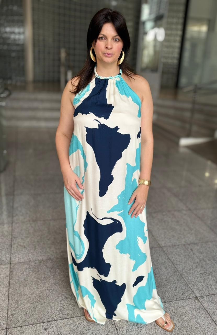 VESTIDO LONGO FRENTE UNICA ESTAMPADO AZUL LANÇA PERFUME VESTIDO LONGO FRENTE UNICA ESTAMPADO AZUL LANÇA PERFUME