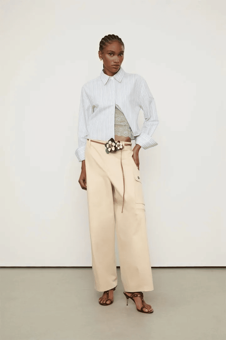 CAMISA CROPPED LISTRA AZUL E BEGE ANIMALE