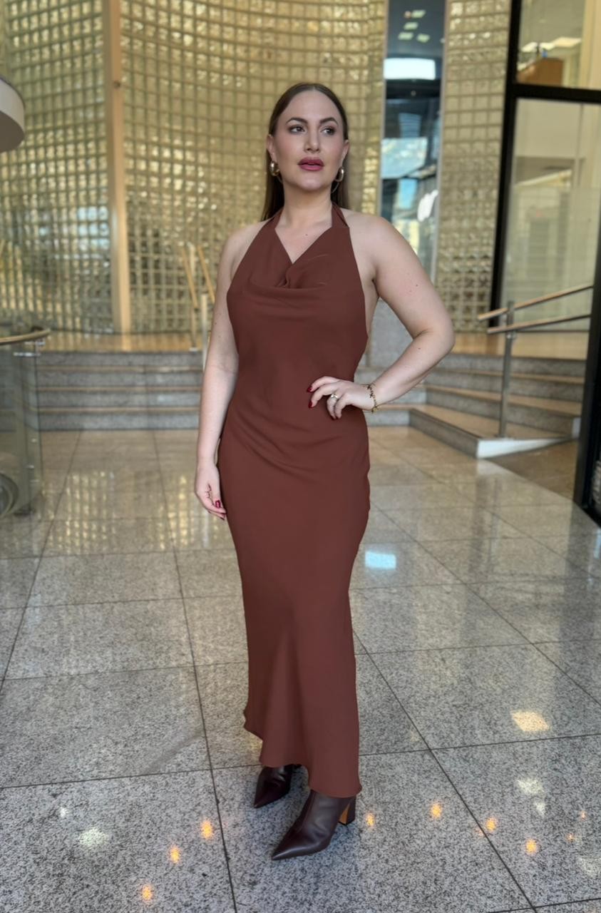 VESTIDO MIDI MARROM IMBUIA FORUM