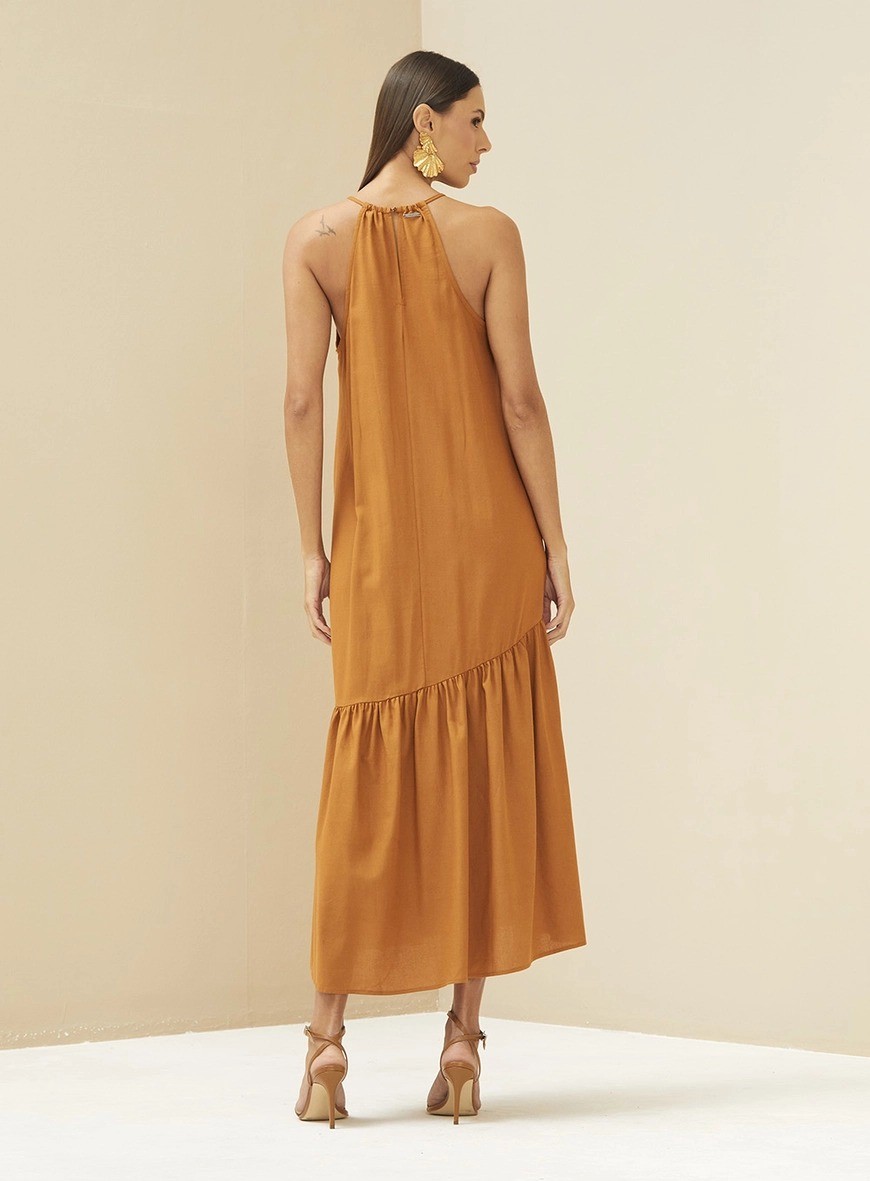 VESTIDO MIDI SOLTO EM LINHO MARROM ESPECIARIAS FORUM