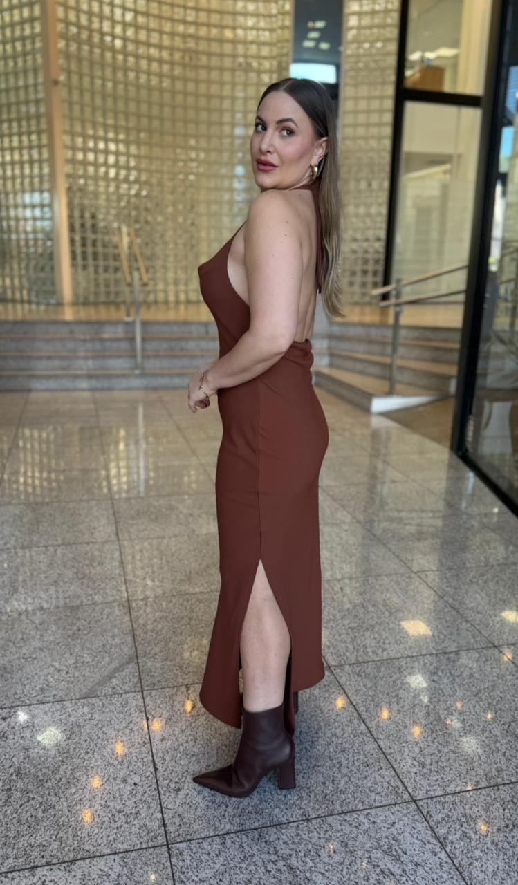 VESTIDO MIDI MARROM IMBUIA FORUM