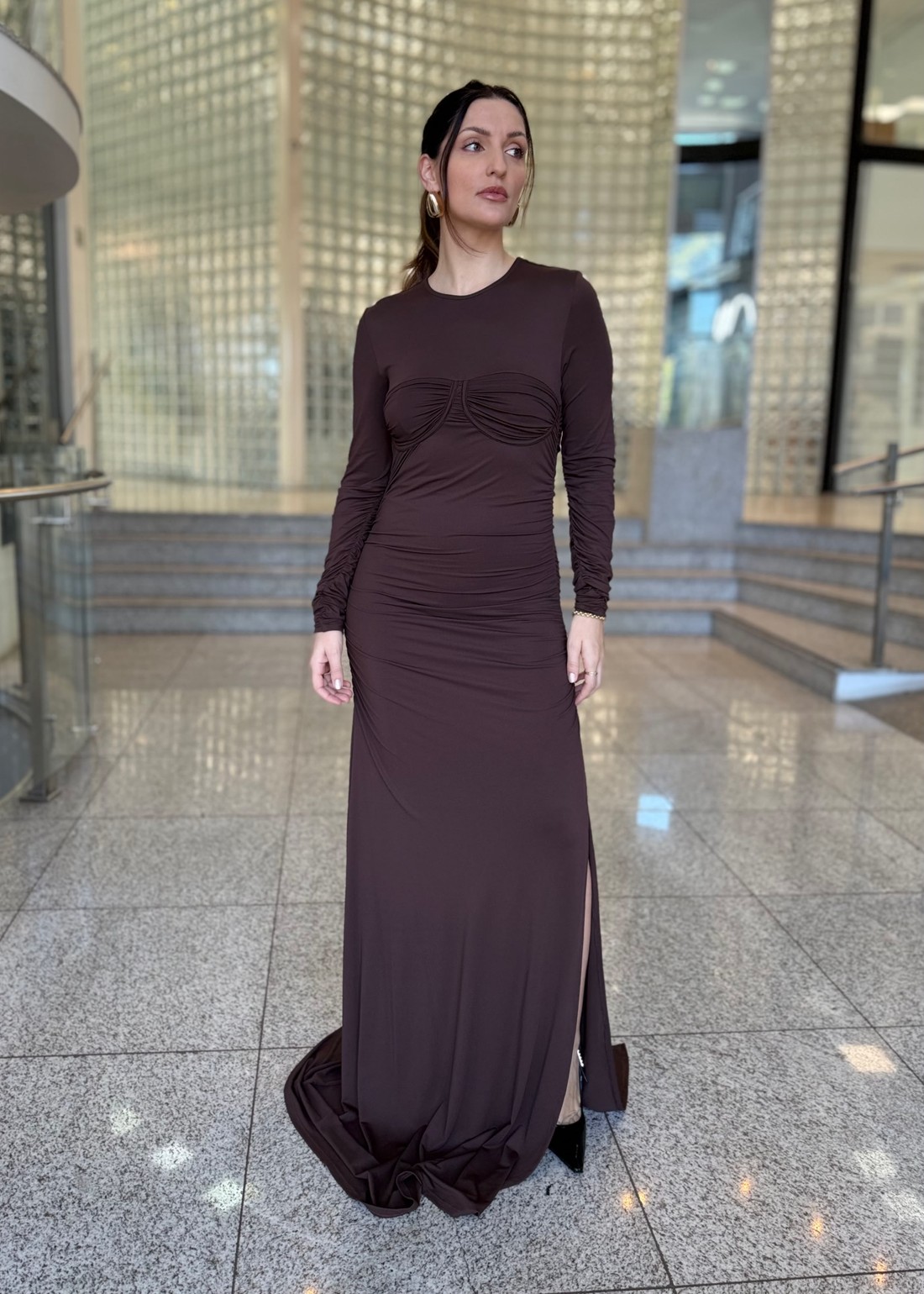 VESTIDO LONGO MARROM NOBUCK FRANZIDO FORUM VESTIDO LONGO MARROM NOBUCK FRANZIDO FORUM
