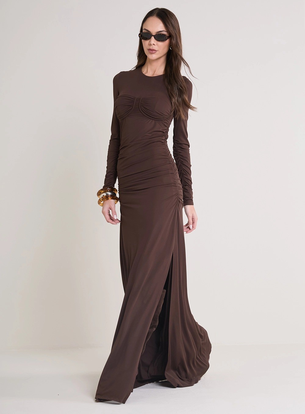VESTIDO LONGO MARROM NOBUCK FRANZIDO FORUM