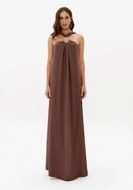 VESTIDO LONGO DE VISCOSE COM METAL MARROM LANÇA PERFUME VESTIDO LONGO DE VISCOSE COM METAL MARROM LANÇA PERFUME