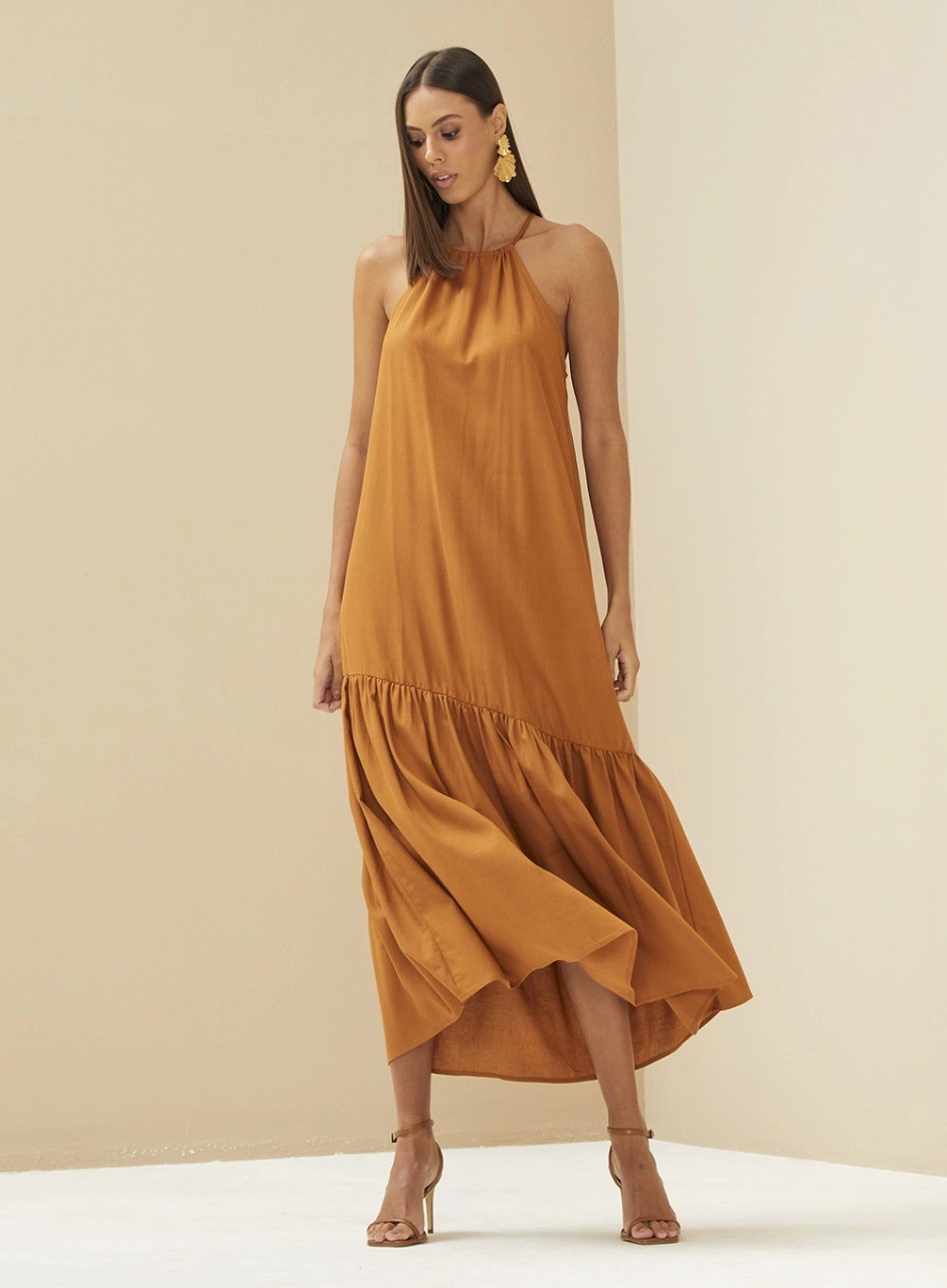 VESTIDO MIDI SOLTO EM LINHO MARROM ESPECIARIAS FORUM