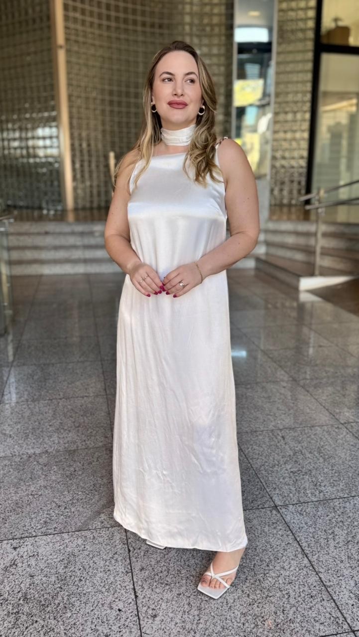 VESTIDO MIDI DECOTE RETO COM FAIXA OFF WHITE MORENA ROSA