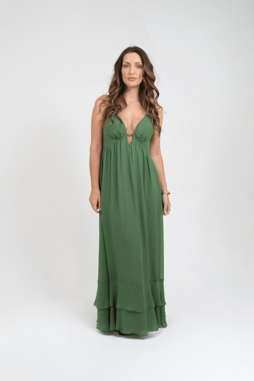VESTIDO DE GEORGETTE MIDI BARRA BABADOS VERDE ANIMALE VESTIDO DE GEORGETTE MIDI BARRA BABADOS VERDE ANIMALE