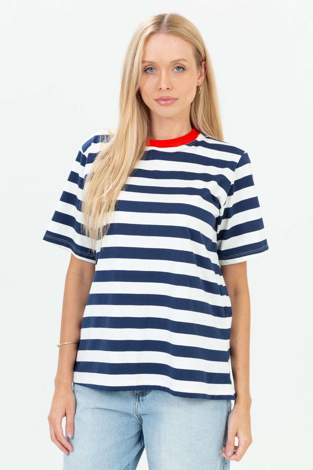 T-shirt Over com Gola de Ribana Colorida