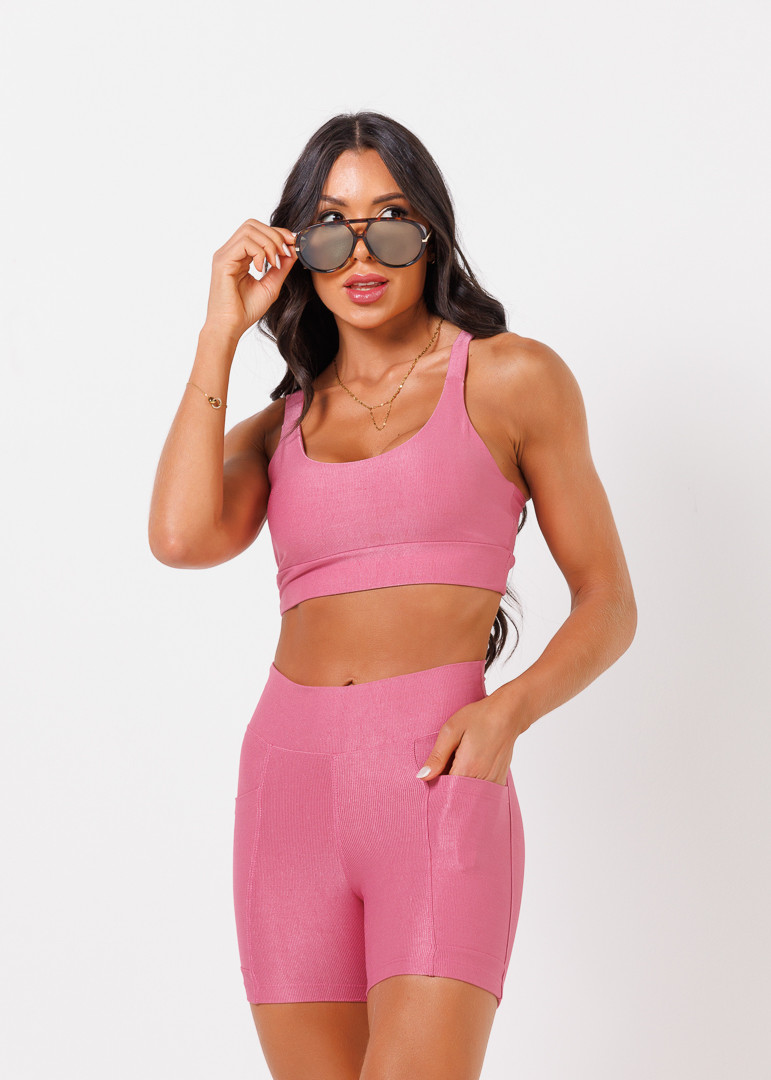 Conjunto Top + Shorts com Bolso Canelado Rosa Blush