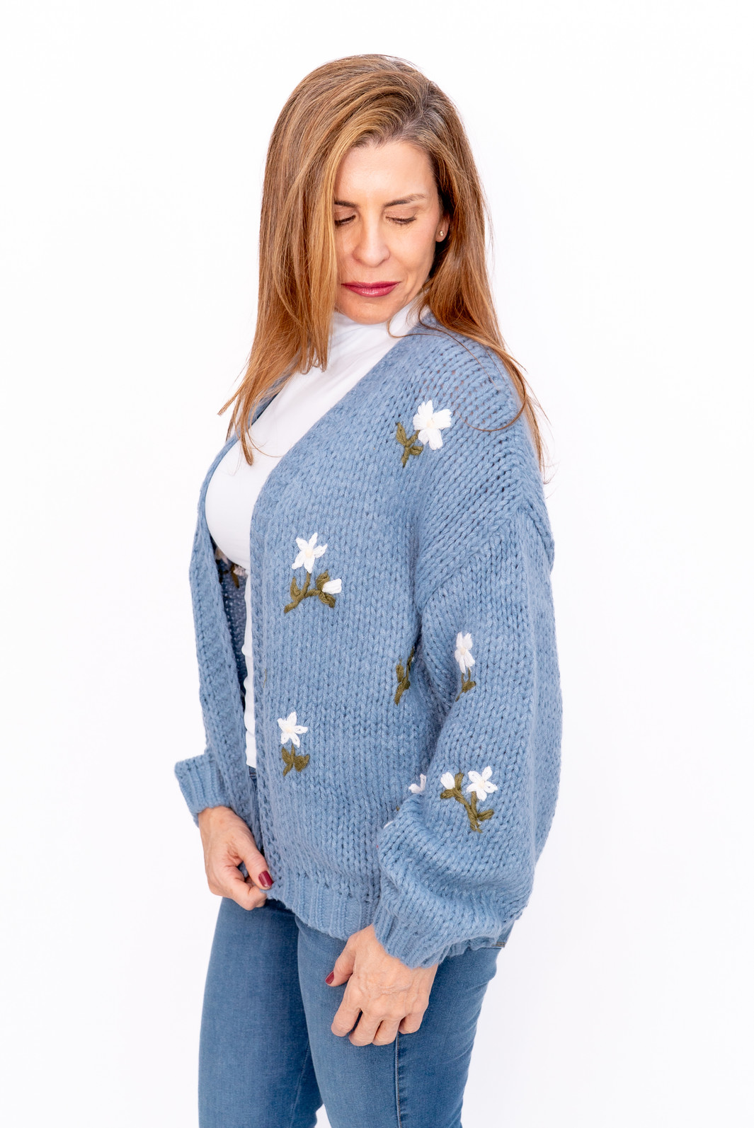 Casaco Tricot Bordado Azul