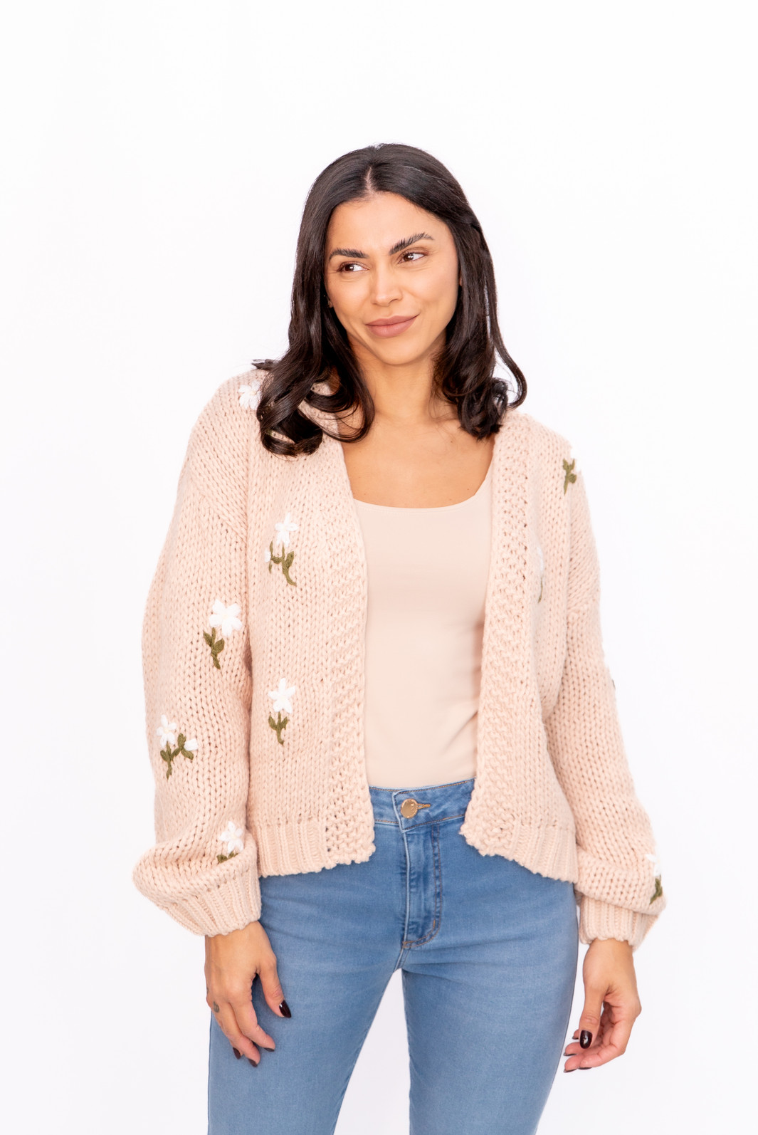 Casaco Tricot Bordado Bege