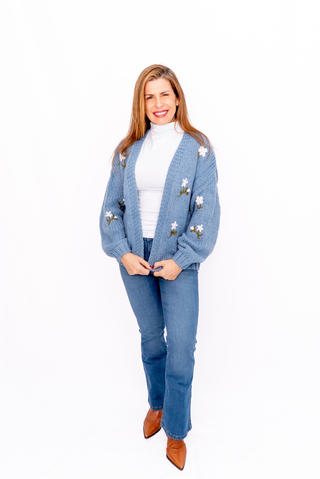 Casaco Tricot Bordado Azul