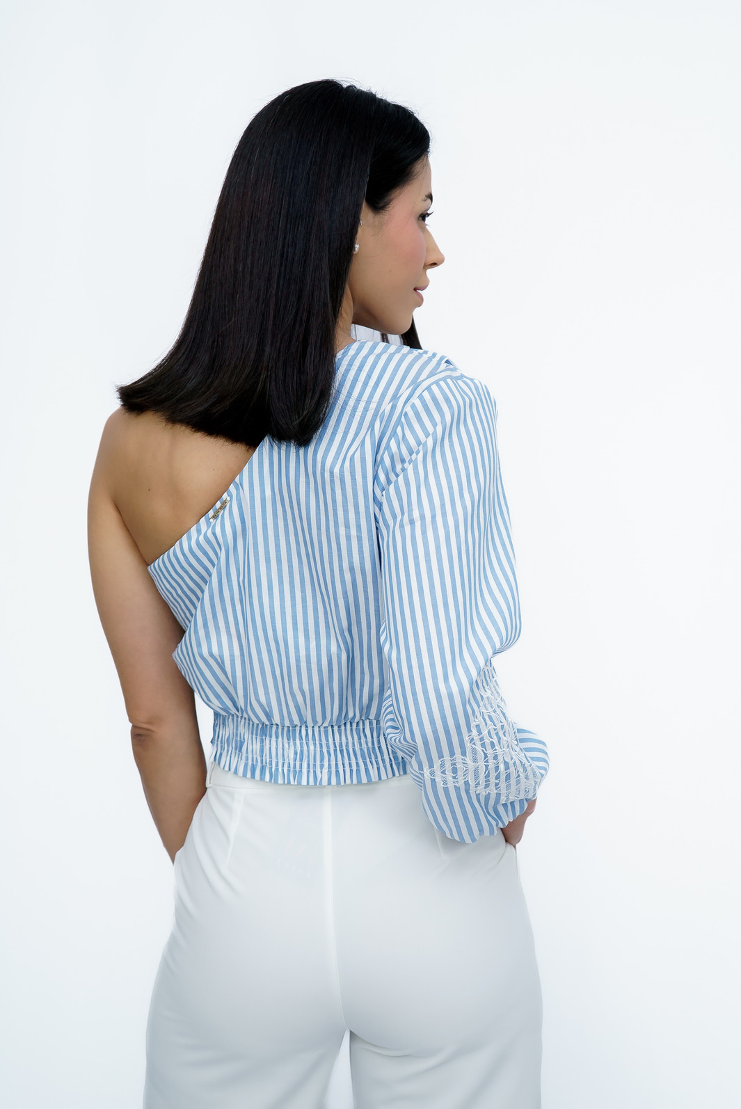 Top Nula Manga Listras com Bordado Azul Bana Bana