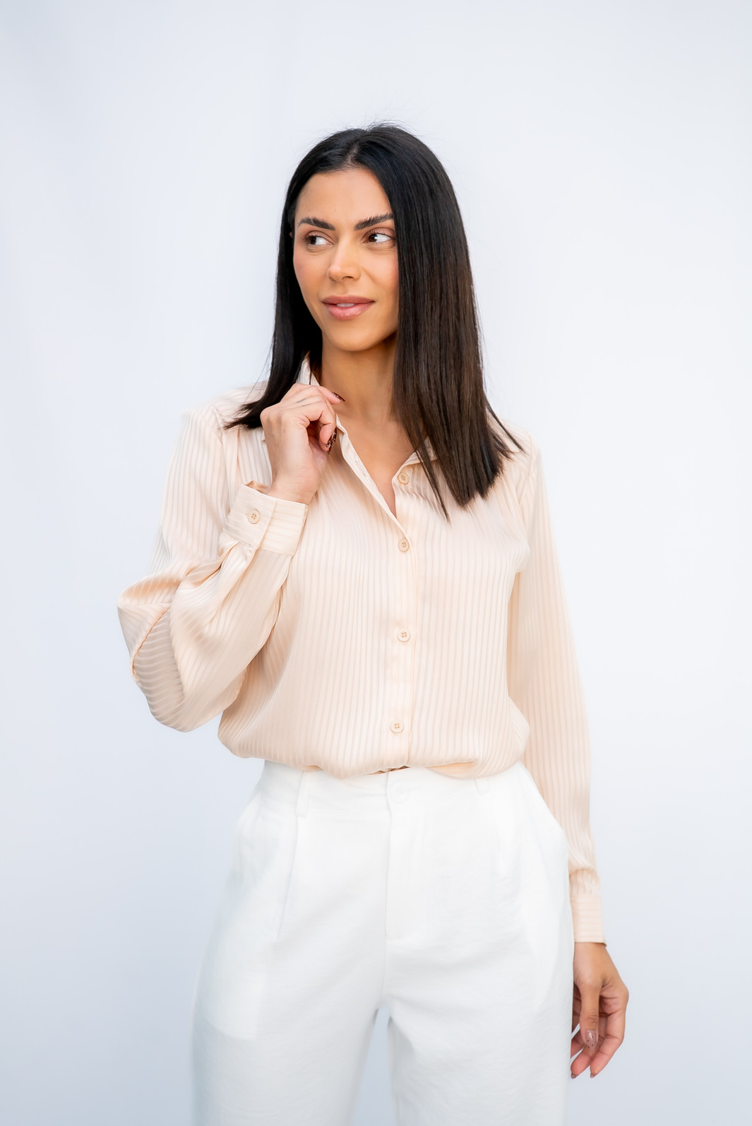 Camisa acetinada com Listras Bege